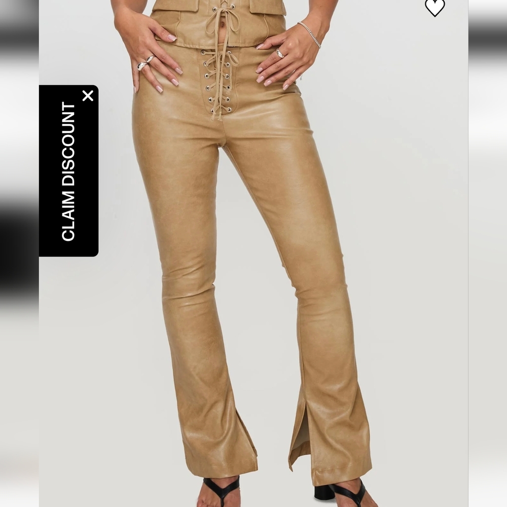 Princess Polly Tan Lace-Up Faux Leather Flared Pants